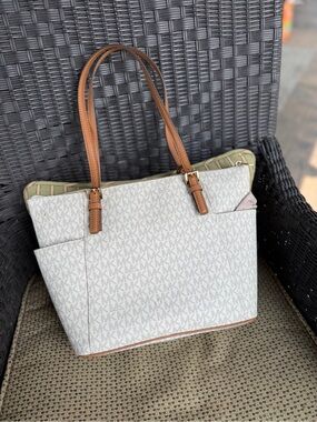 Michael Kors White Monogram Tote with Tan Leather Straps